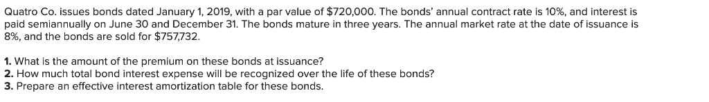  Quatro Co. issues bonds dated January 1, 2019, with a par