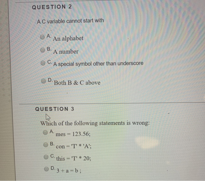  QUESTION 2 AC variable cannot start with A. An alphabet OB.