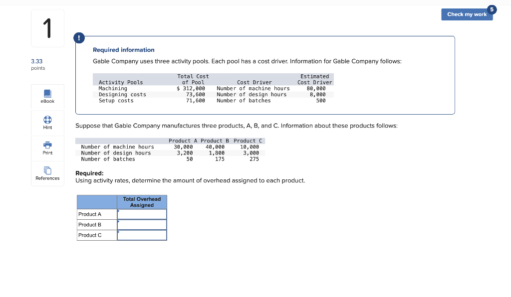 Required information Gable Company uses three activity pools. Each pool has