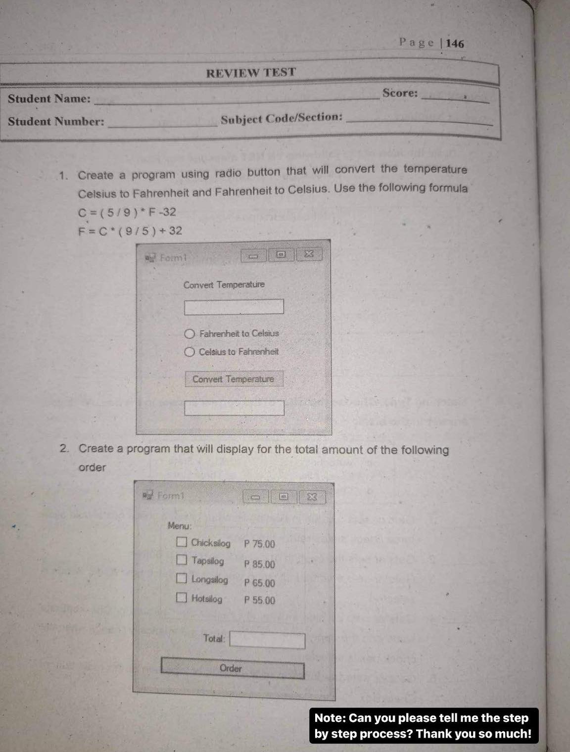  Student Name: Score: Student Number: Subject Code/Section: Create a program using