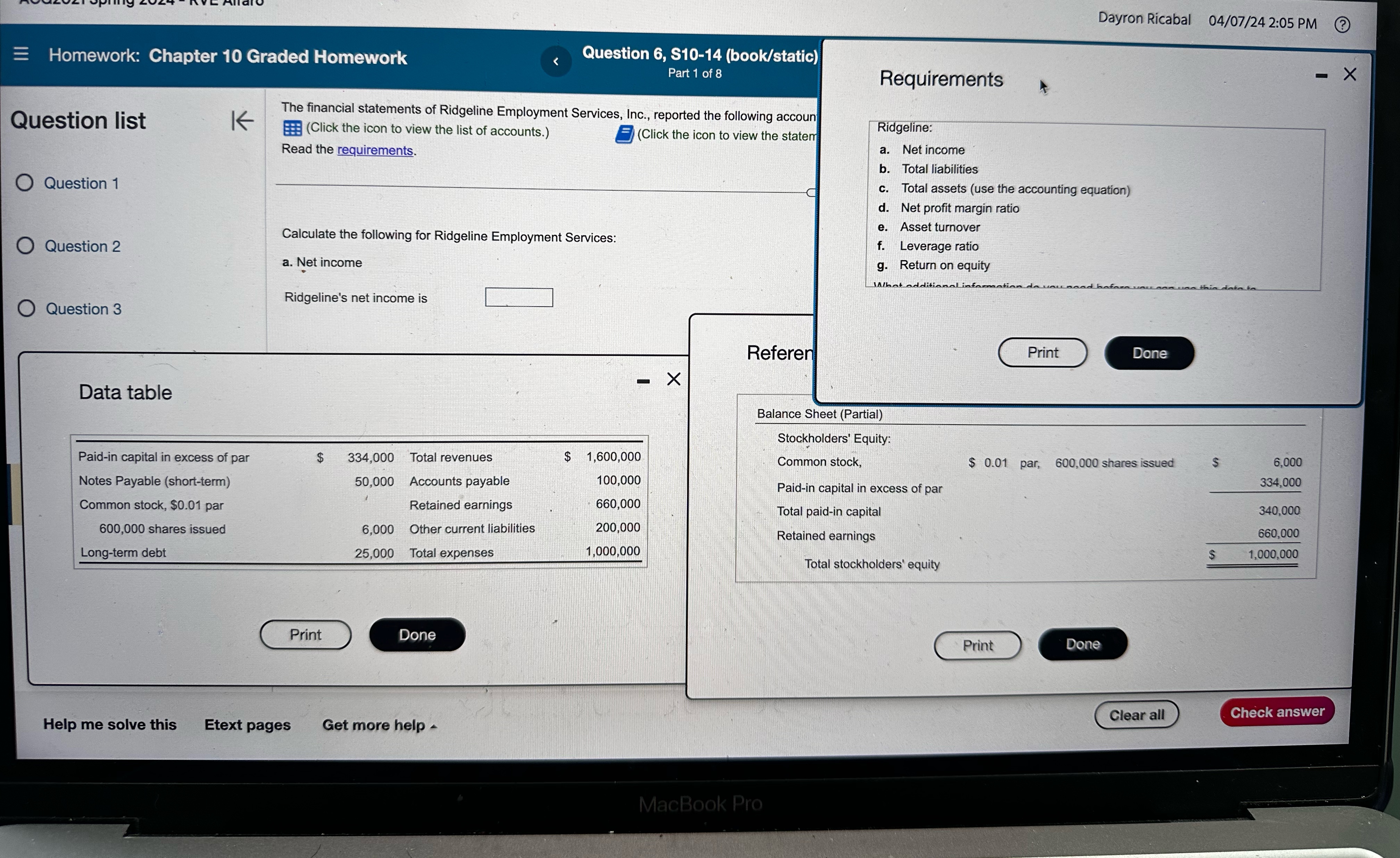  Dayron Ricabal 04/07/242:05 PM Homework: Chapter 10 Graded Homework Question 6,