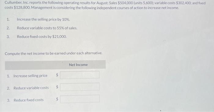 please help Cullumber, Inc. reports the following operating results for August: Sales