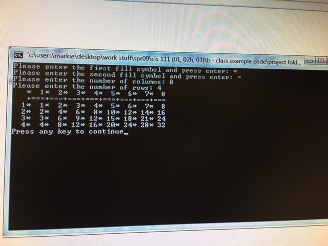 a program that displays a multiplication with user provided dimensions and spatial