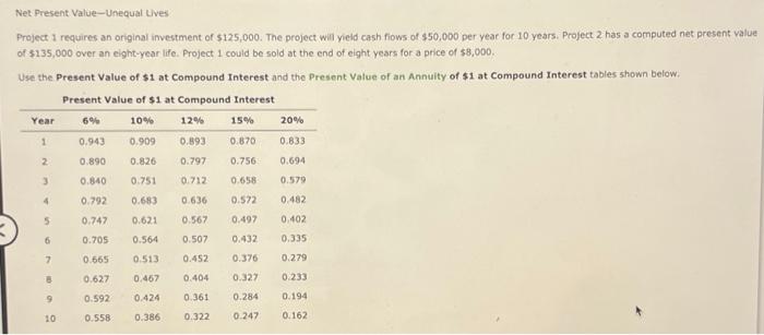  Net Present Value - Unequal Lives Project 1 requires an original