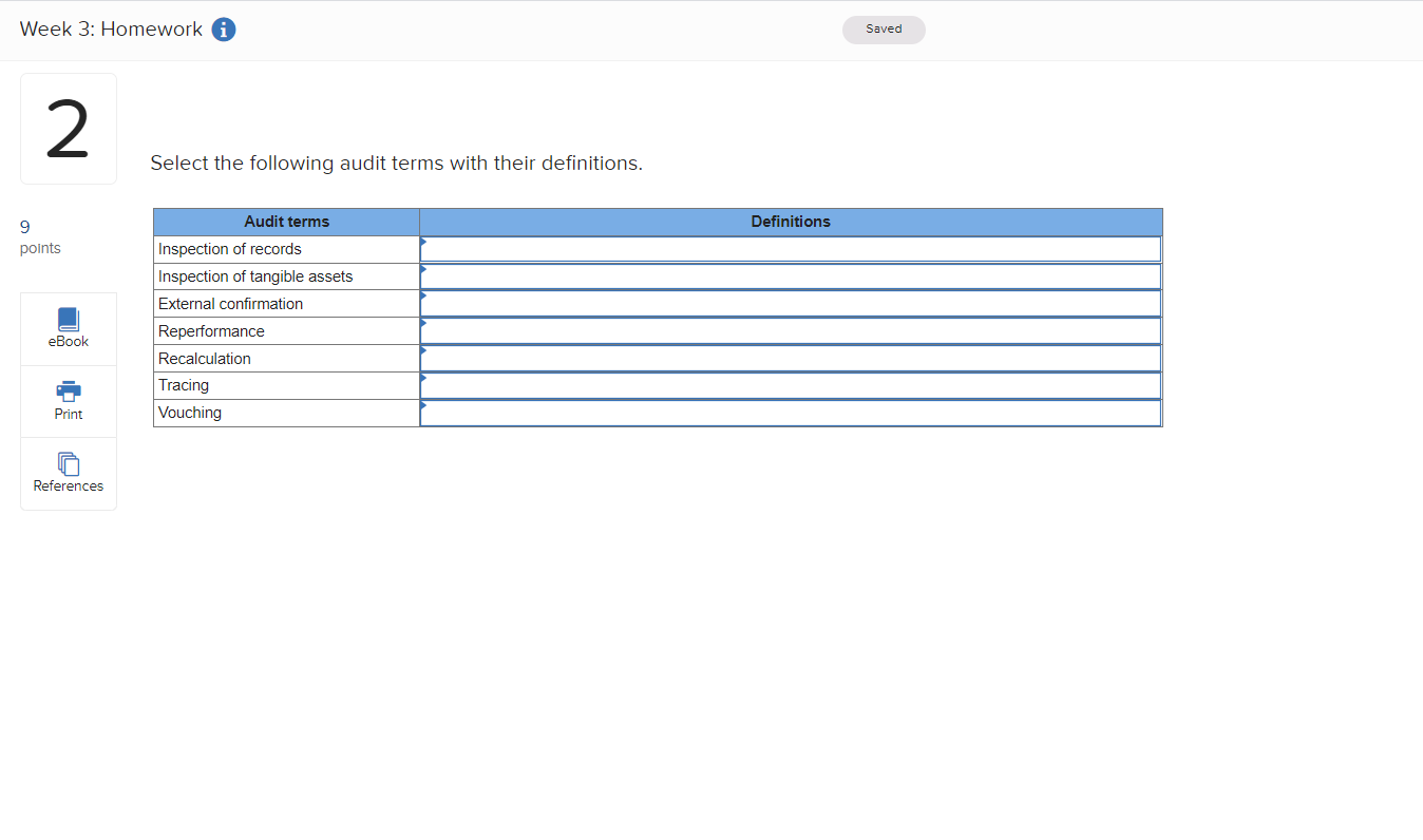 Week 3: Homework i Saved 2 Select the following audit terms