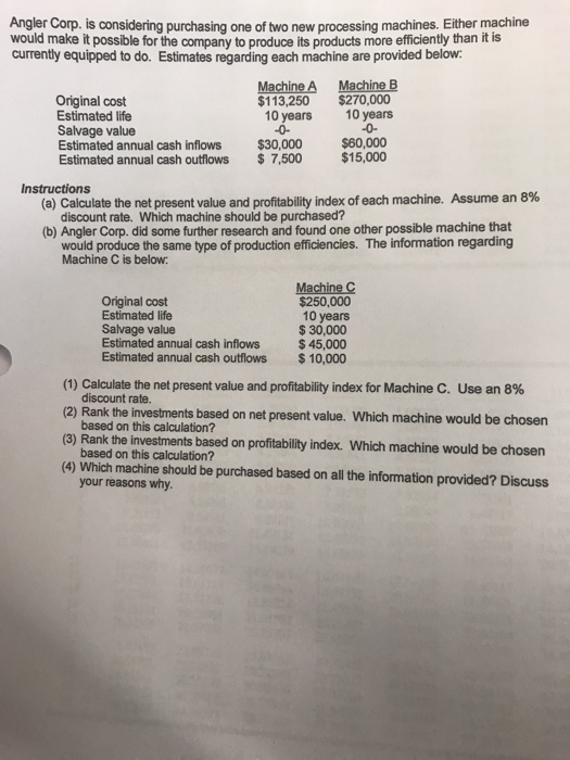  Angler Corp. is considering purchasing one of two new processing machines.