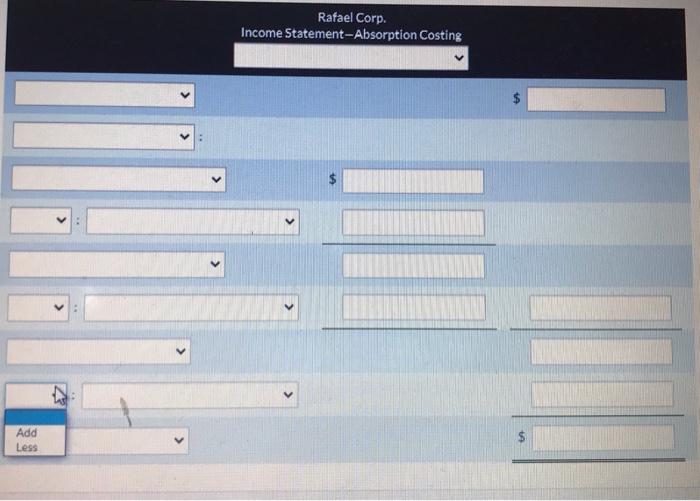$19.400. Prepare an absorption costing income statement. Rafael Corp Income Statement-Absorption Costing