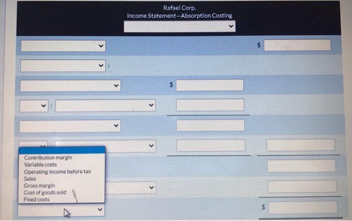 Rafael Corp. Income Statement-Absorption Costing V December 31, 2020 For the Month