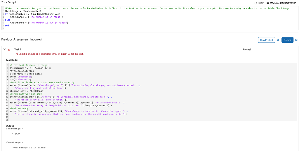 Using Matlab, What is wrong with the error in test one. RandomNumber