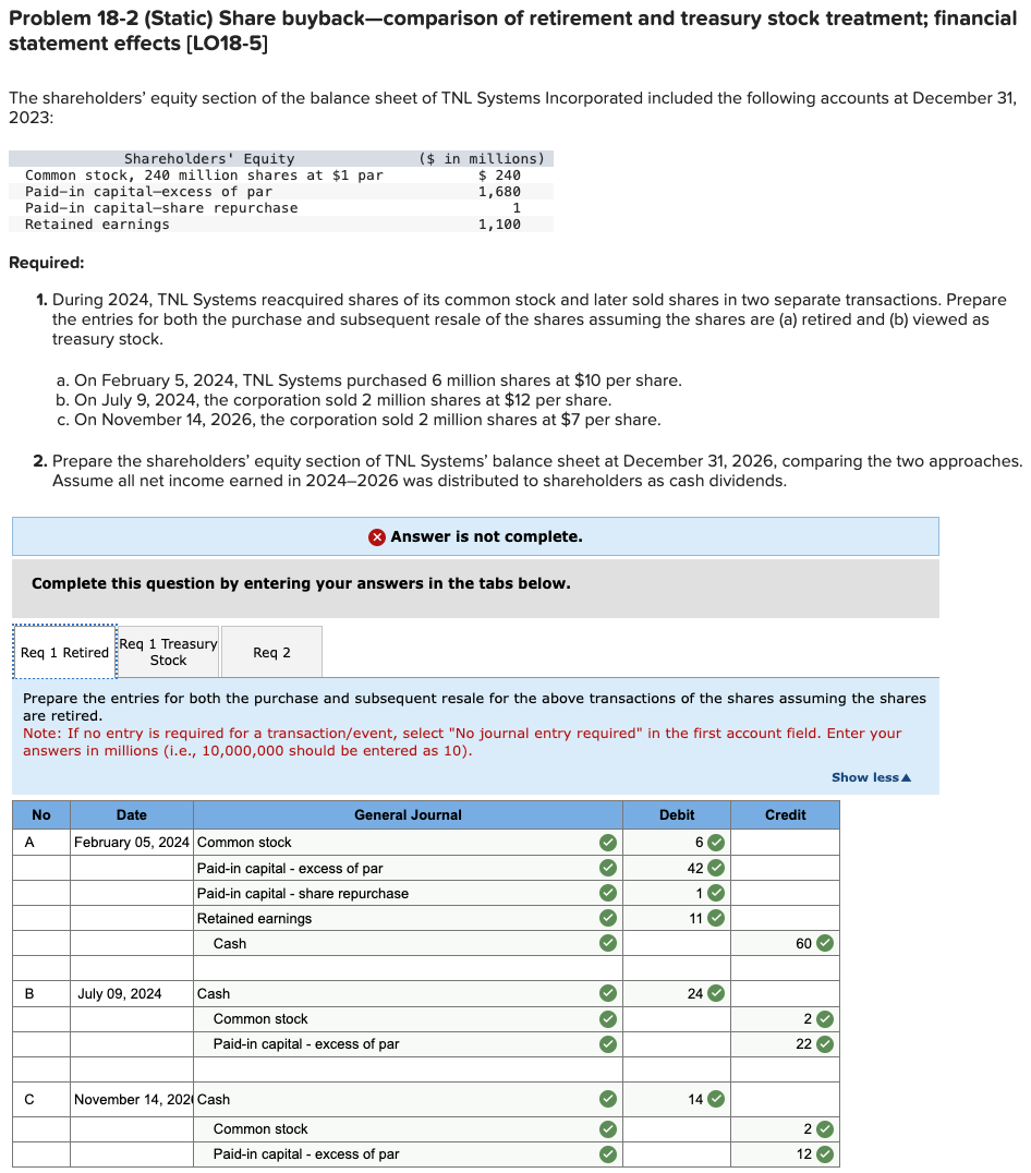 Please help me solve for Req 2. Problem 18-2 (Static) Share buyback-comparison