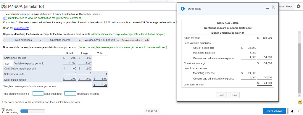 contribution margin income statement of Krazy Kup Coffee for December follows: B