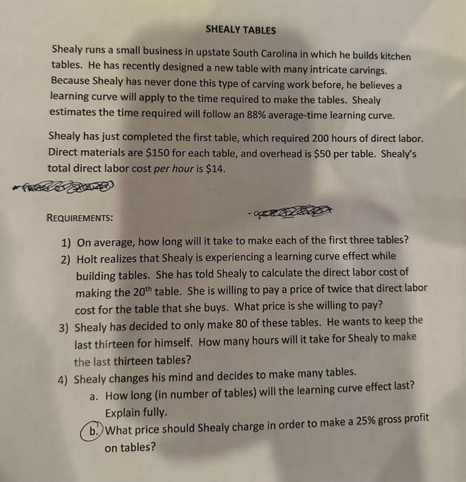 Learning Curve help, please!!!! SHEALY TABLES Shealy runs a small business in
