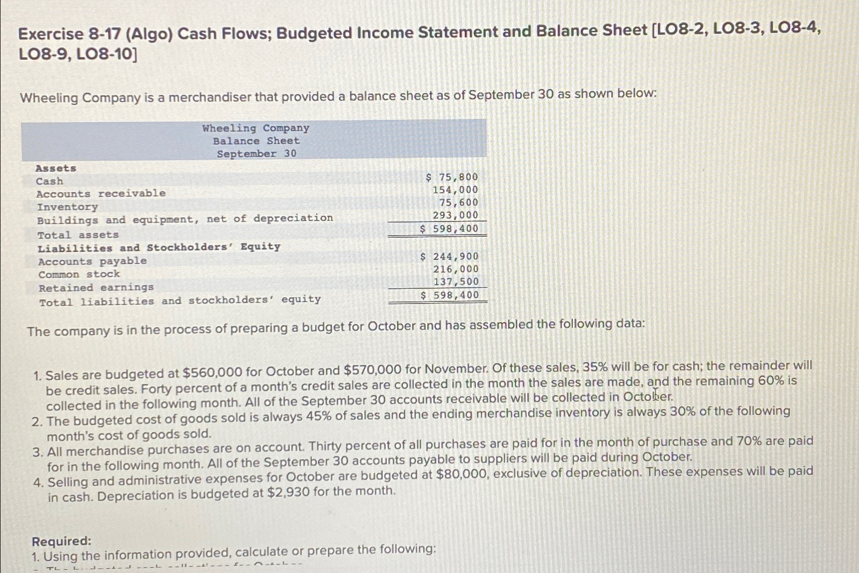  Exercise 8-17(Algo) Cash Flows; Budgeted Income Statement and Balance Sheet [LO8-2,