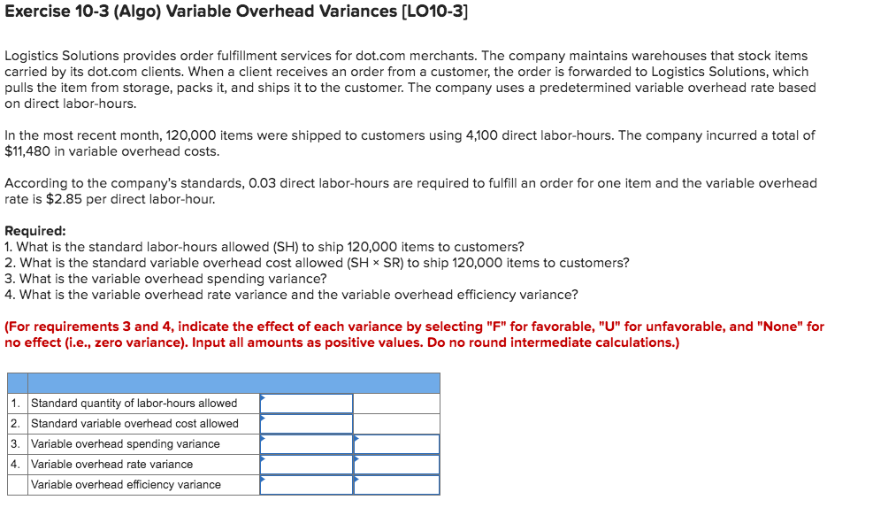  Exercise 10-3 (Algo) Variable Overhead Variances (LO10-3] Logistics Solutions provides order