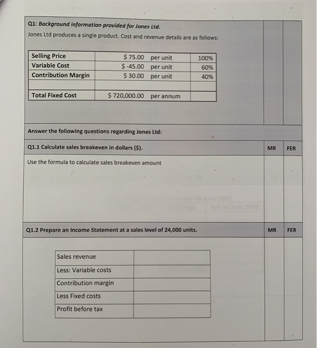 prepare operational budgets Q1: Background information provided for Jones Ltd. Jones Ltd