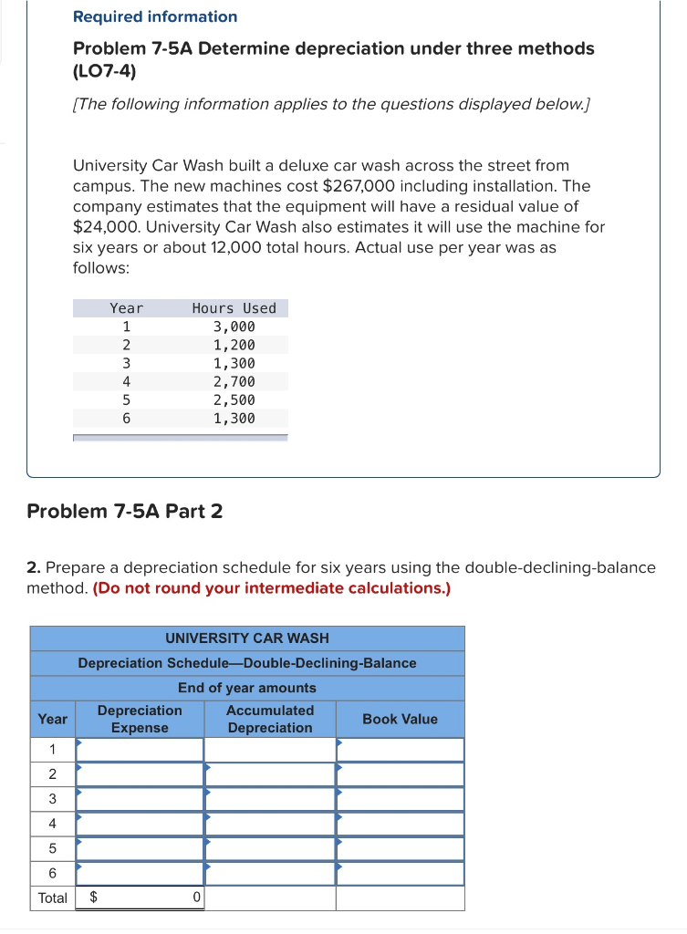  Required information Problem 7-5A Determine depreciation under three methods (LO7-4) (The