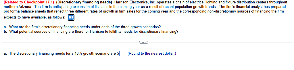  (Related to Checkpoint 17.1)(Discretionary financing needs) Harrison Electronics, Inc. operates a