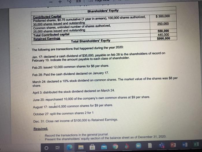  + Shareholders' Equity Contributed Capital Preferred shares, $0.75 cumulative (1 year
