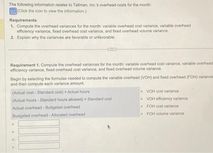 direct labor hours. Last month, Tallman reported the following actual results: actual