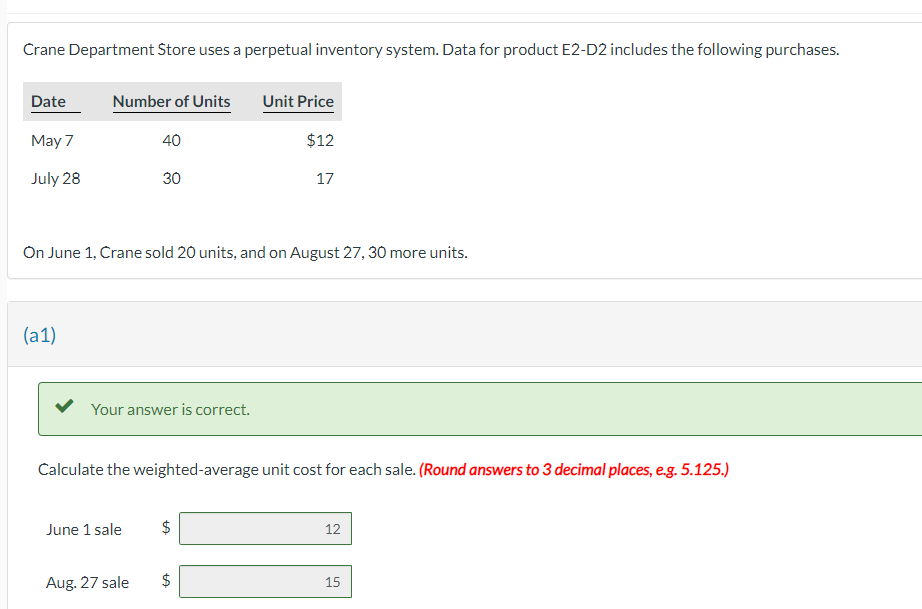 Crane Department Store uses a perpetual inventory system. Data for product