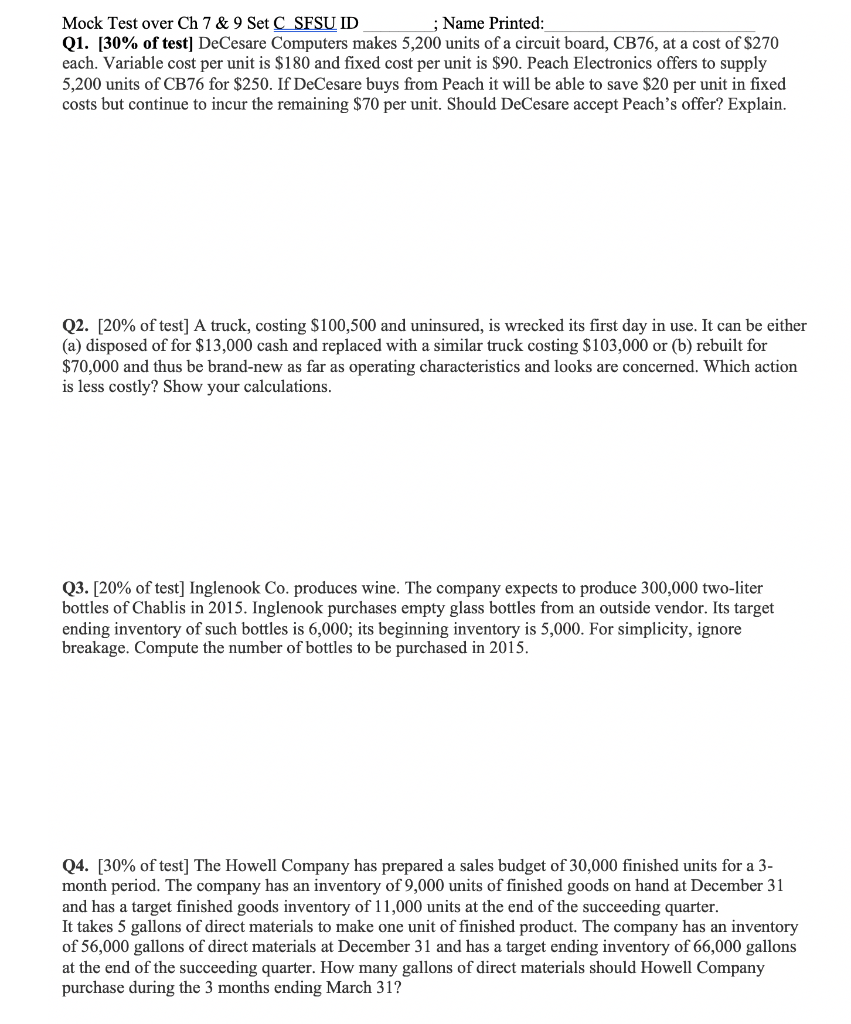  Mock Test over Ch 7 & 9 Set C SESU ID;Name
