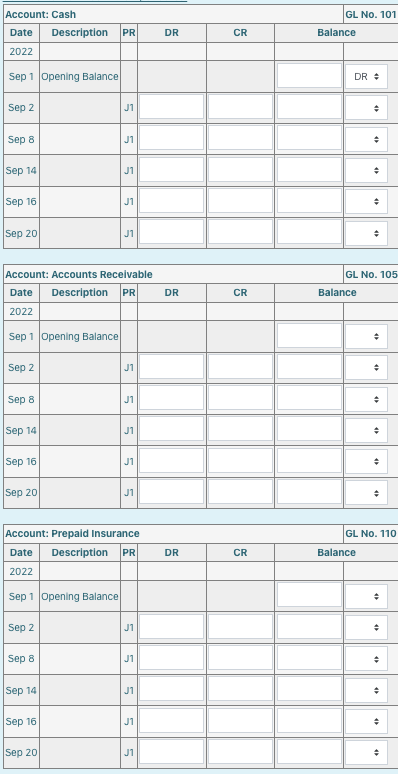 Post the journal entries to the general ledger for September 2022. (state