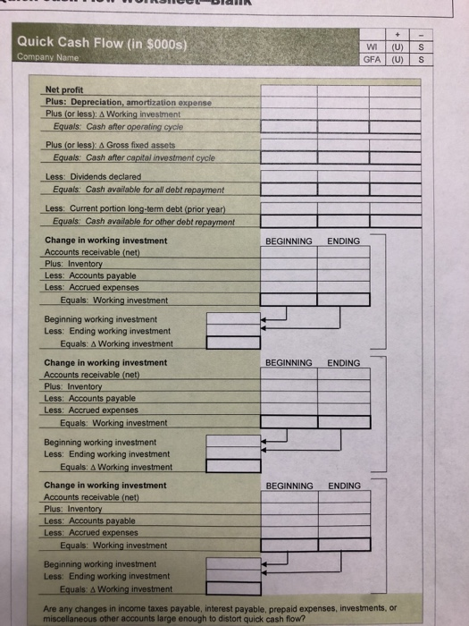 use the Quick Cash Flow Worksheet to answer this question: Business Bs