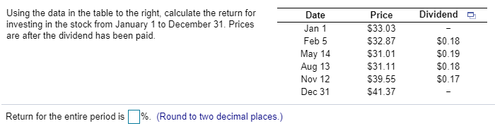 Dividendo Using the data in the table to the right, calculate