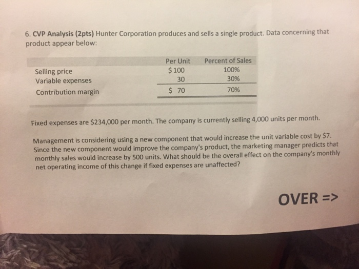  Help with this problem please? Thanks! 6. CVP Analysis (2pts) Hunter