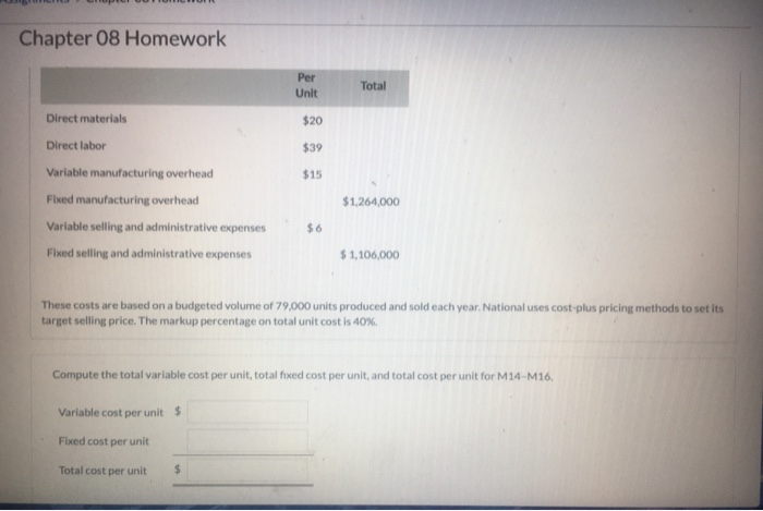  Chapter 08 Homework Per Unit Total Direct materials $20 Direct labor