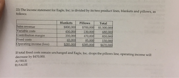  22) The income statement for Eagle, Inc. is divided by its