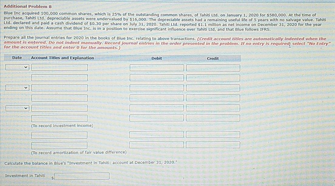  Additional Problem 8 Blue Inc acquired 100,000 common shares, which is