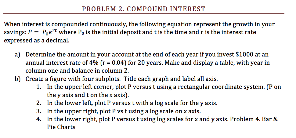 MATLAB Functions PROBLEM 2. COMPOUND INTEREST When interest is compounded continuously, the