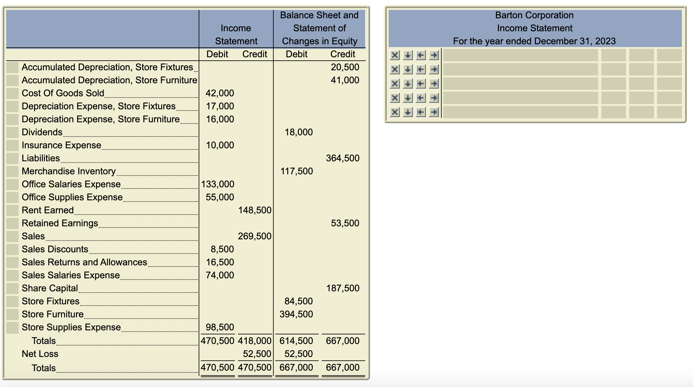 The work sheet for Barton Corporation is shown below. Complete the classified