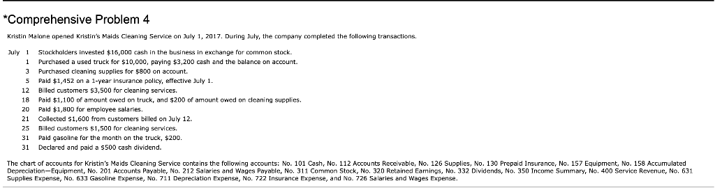 *Comprehensive Problem 4 Kristin Malone opened Kristin's Maids Clean ing Service