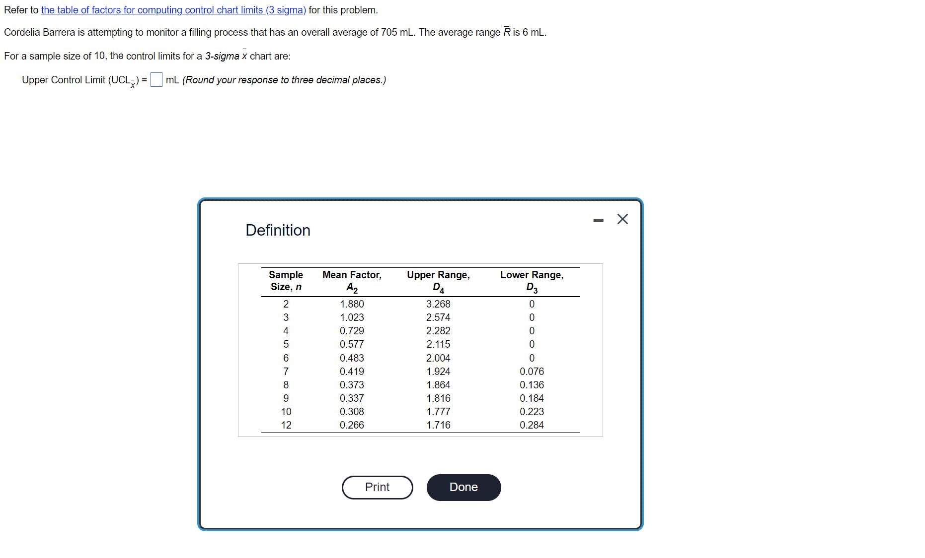  Refer to the table of factors for computing control chart limits