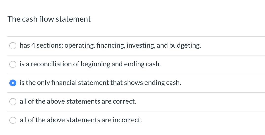  The cash flow statement O has 4 sections: operating, financing, investing,