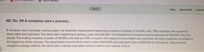  Search Marquis Saved Help Save & Exh Submit MC Qu. 94