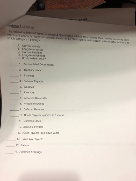  DENVER roblem 2 (8 points) The following lettered items represent a