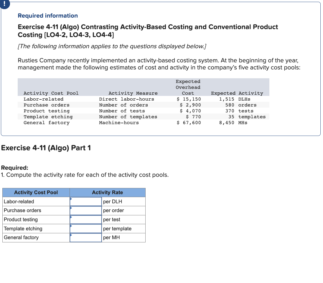  Required information Exercise 4-11 (Algo) Contrasting Activity-Based Costing and Conventional Product