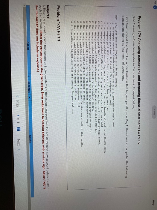  -7A Saved Help Problem 1-7A Analyzing transactions and preparing financial statements
