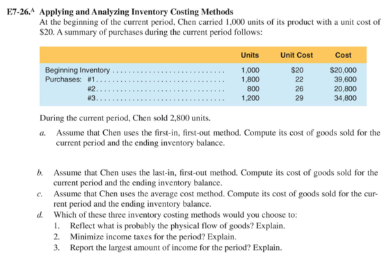  E7-26.A Applying and Analyzing Inventory Costing Methods At the beginning of