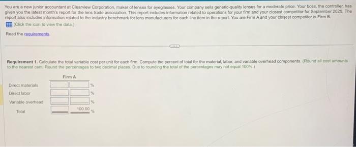  Data table Requirements 1. Calculate the total variable cost per unit