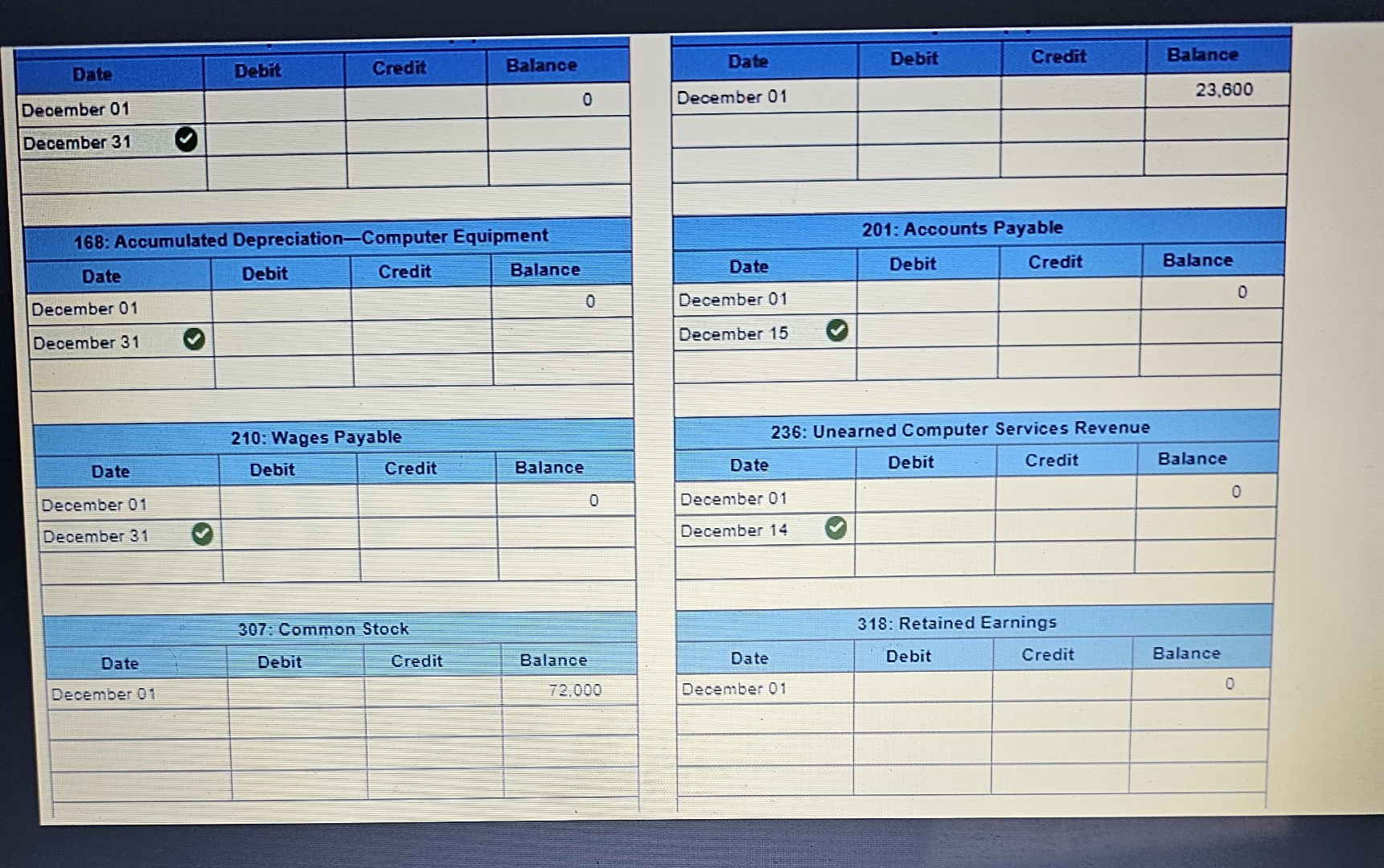  DateDeoember 01December 31DateDecember 01168: Accumulated Depreciation-Computer EquipmentDecember 31DateDecember 01December 31DateDebitDecember 01DebitCreditDebit210: