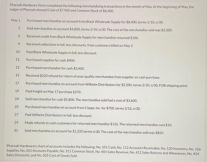  ASAP please help complete respectfully Pharoah Hardware Store completed the following