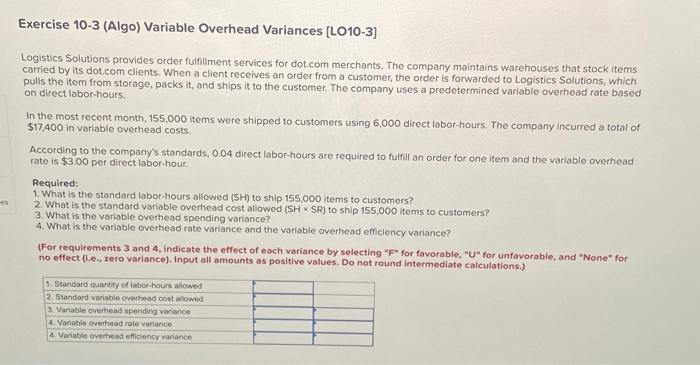  Exercise 10-3 (Algo) Variable Overhead Variances [LO10-3] Logistics Solutions provides order