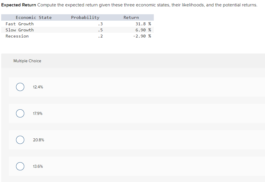  Expected Return Compute the expected return given these three economic states,