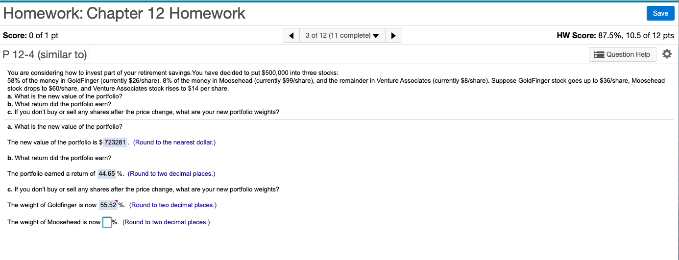 Please answer to two decimal places. Homework: Chapter 12 Homework Save Score:
