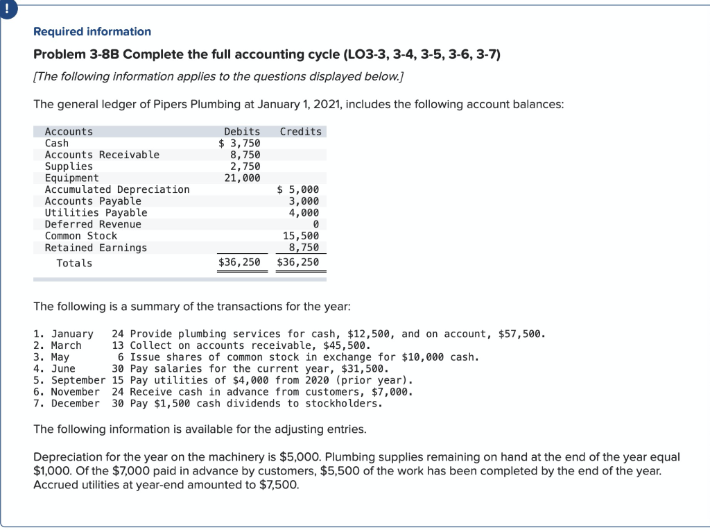  Required information Problem 3-8B Complete the full accounting cycle (LO3-3, 3-4,