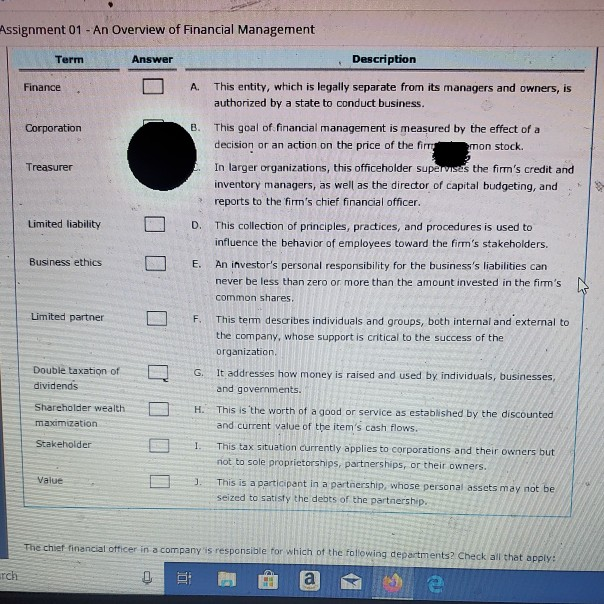Assignment 01 - An Overview of Financial Management Term Answer Description